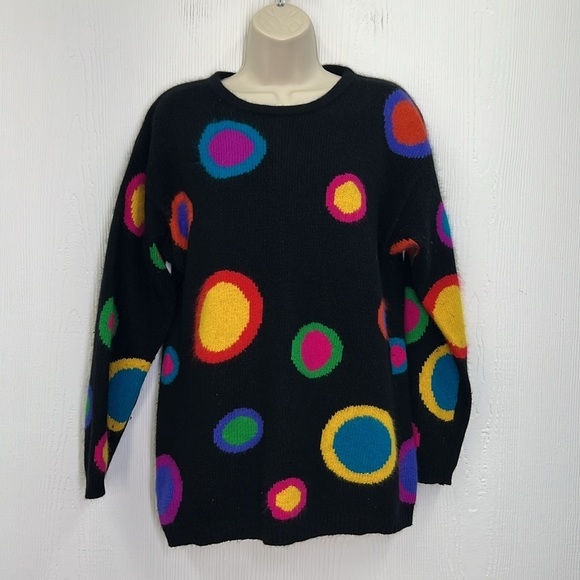 Rafaella - Vintage Rabbit Lambswool Retro Bright Circle Shapes Black Sweater SM - Picture 2 of 10